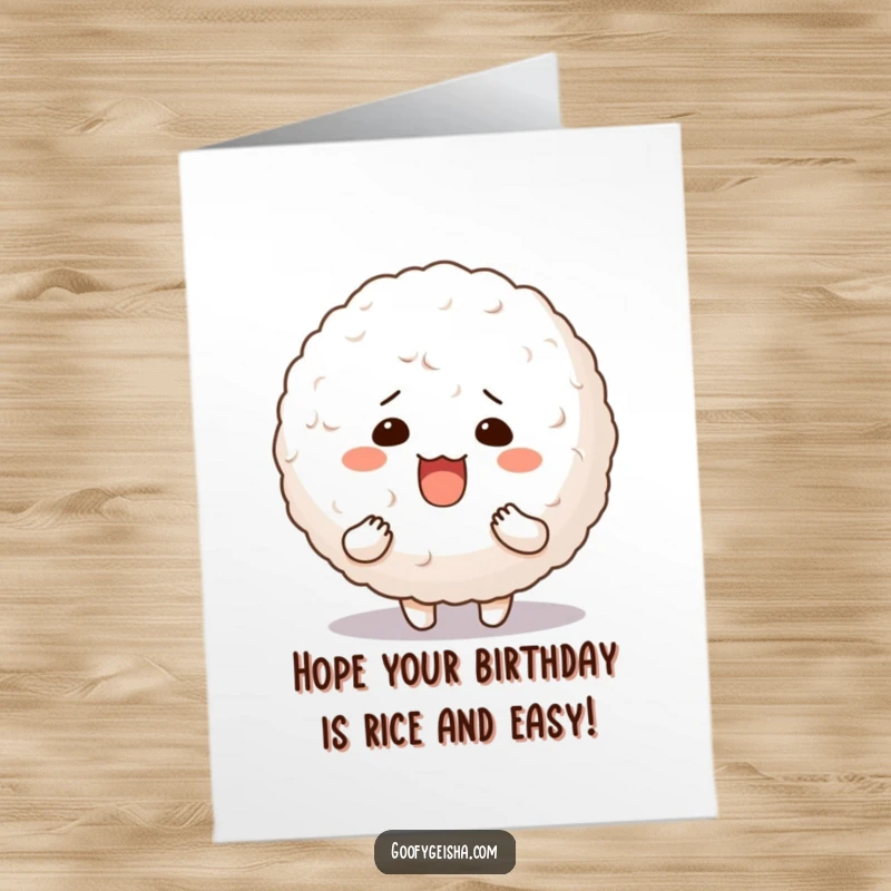 Funny Free Printable Birthday Card: A character with a goofy grin holds a massive, wobbly rice ball like a trophy.
