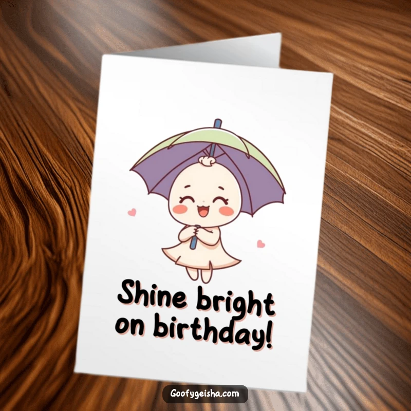 Funny Free Printable Birthday Card: a cute umbrella character spinning with a joyful expression, spreading happiness.