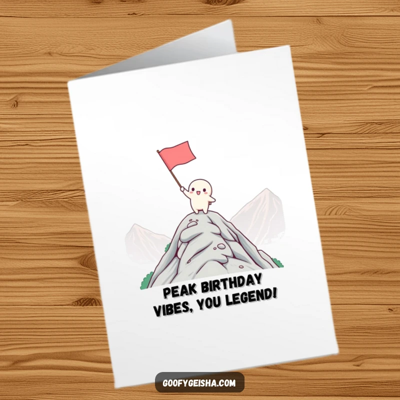 Funny Free Printable Birthday Card: Tiny Kawaii character victoriously waves a flag from a mountaintop, celebrating achievement.
