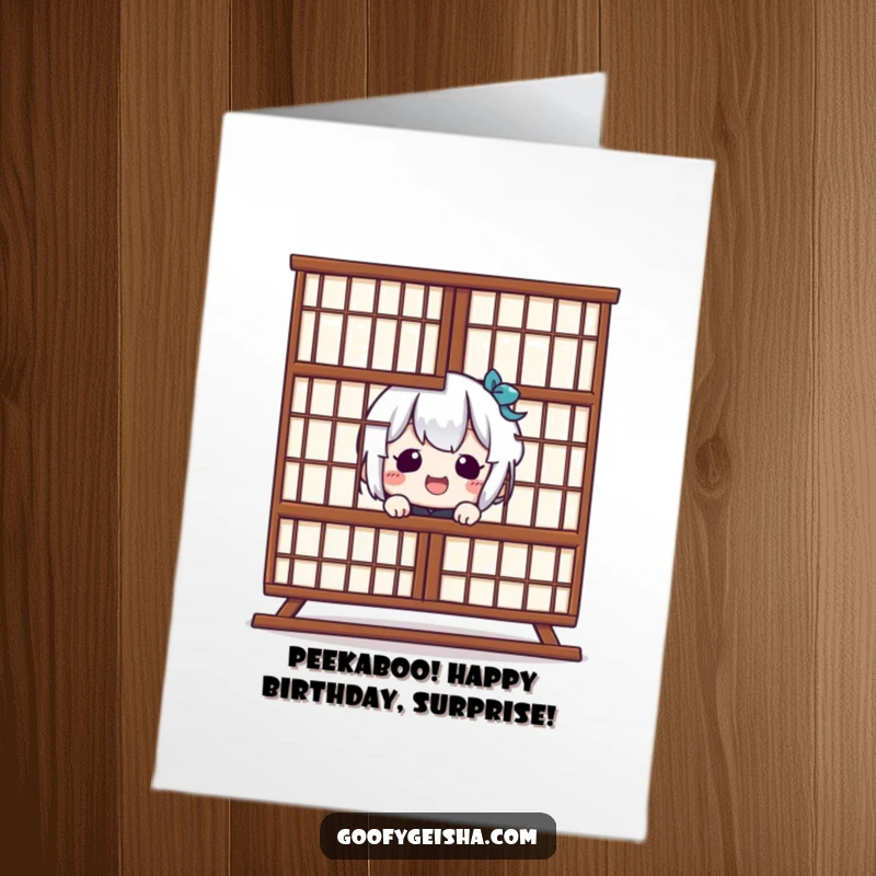 Funny Free Printable Birthday Card: Giggling Kawaii character playfully peeks from behind a large Shoji screen, full of birthday mischief.