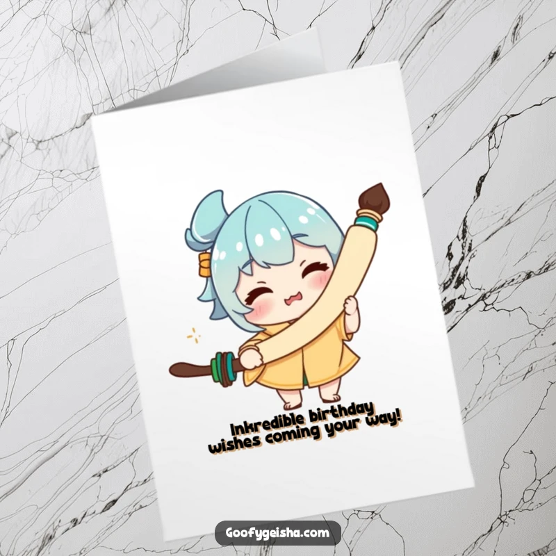 Funny free printable birthday card featuring a character with a comical face, wielding an oversized calligraphy brush. Vibrant and quirky design.