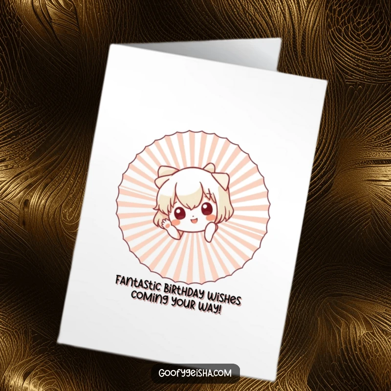 Funny Free Printable Birthday Card: Cute character peeking from behind a giant fan, waving hello with a mischievous grin.