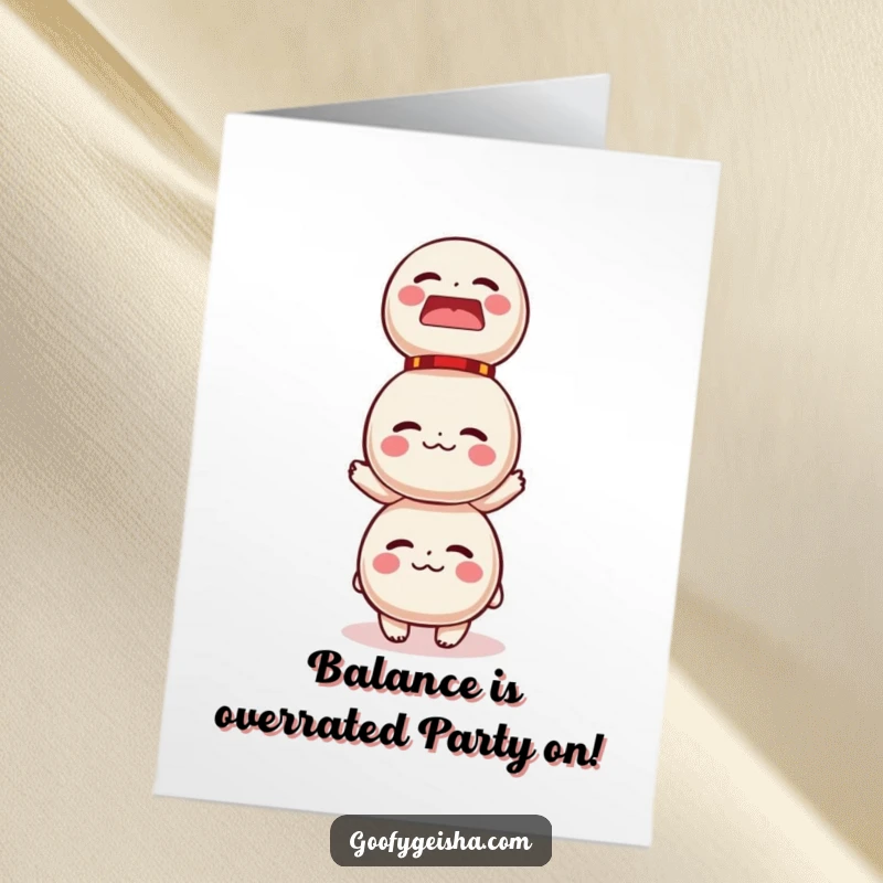 Funny Free Printable Birthday Card: Character precariously balancing a tall stack of colorful Daruma dolls, looking stressed.