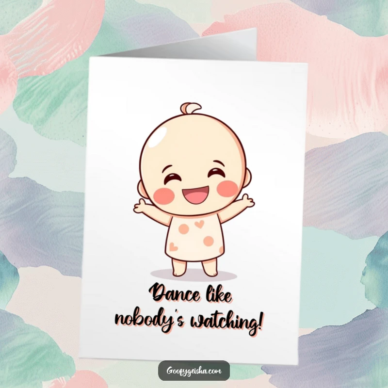 Funny Free Printable Birthday Card featuring a grinning Kokeshi doll character enthusiastically doing a silly, joyful dance.