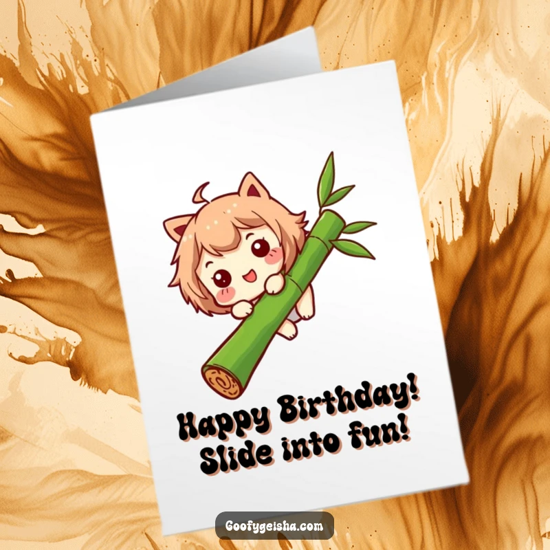 Funny Free Printable Birthday Card: Character with a funny expression gleefully sliding down a bamboo stalk.