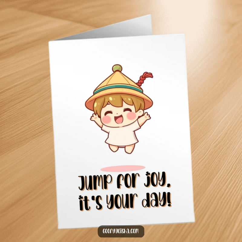 Funny Free Printable Birthday Card: A character in a tiny traditional hat joyfully jumping mid-air with excitement.