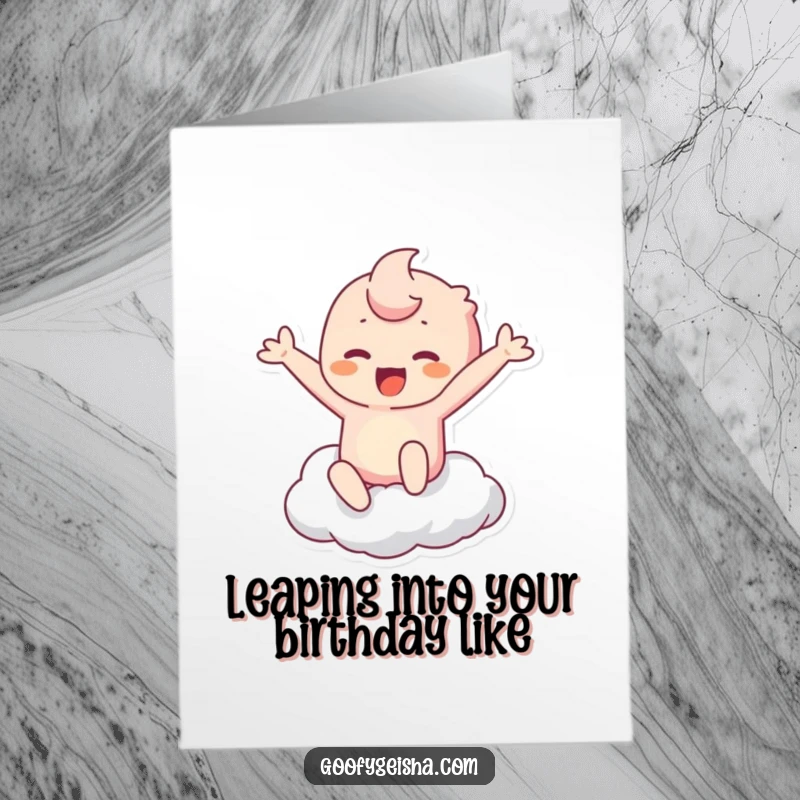 Funny Free Printable Birthday Card: Kawaii character leaps with immense joy, touching a fluffy cloud, embodying birthday excitement.