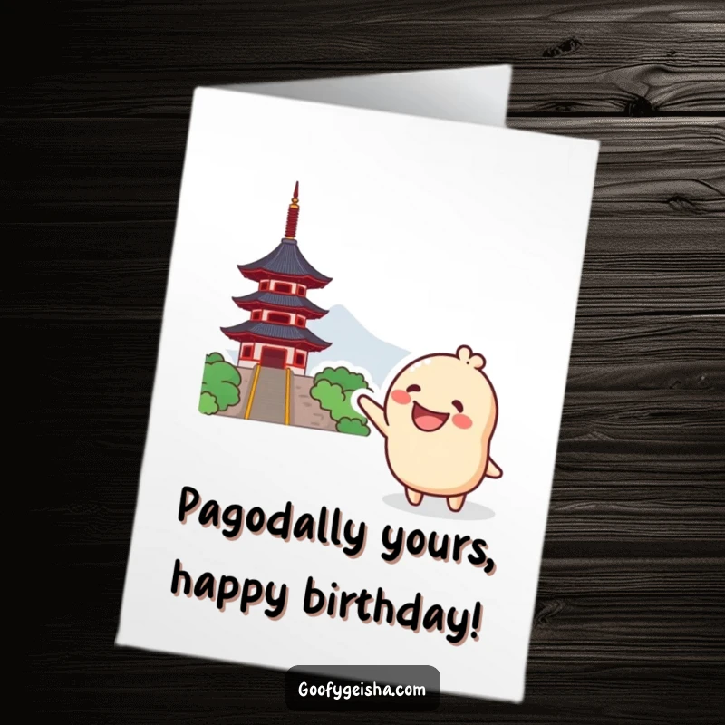 Funny Free Printable Birthday Card: A grinning Kawaii character excitedly points towards a distant pagoda, ready for adventure.