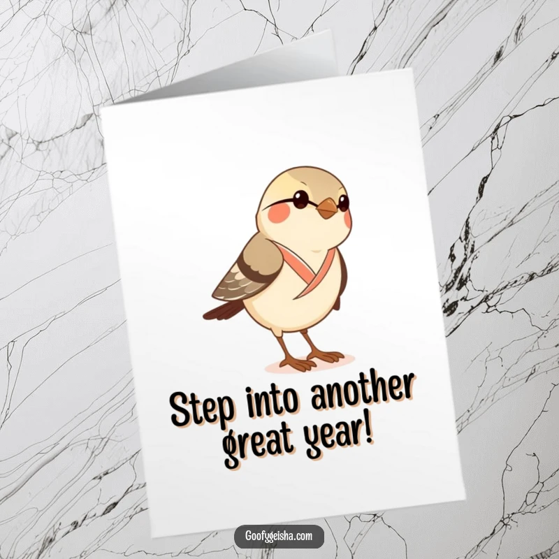 Funny free printable birthday card of a curious sparrow in a kimono struggling to put on large geta sandals, looking perplexed.
