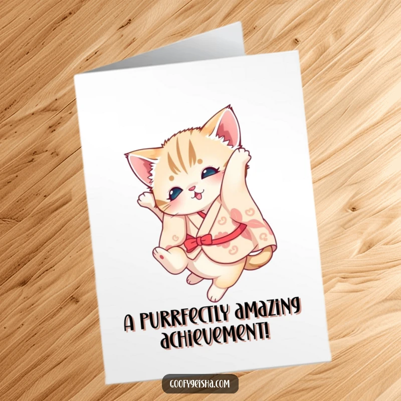 Funny Free Printable Congratulations Card: A kitten in a tiny kimono performing a delightful somersault with playful energy.