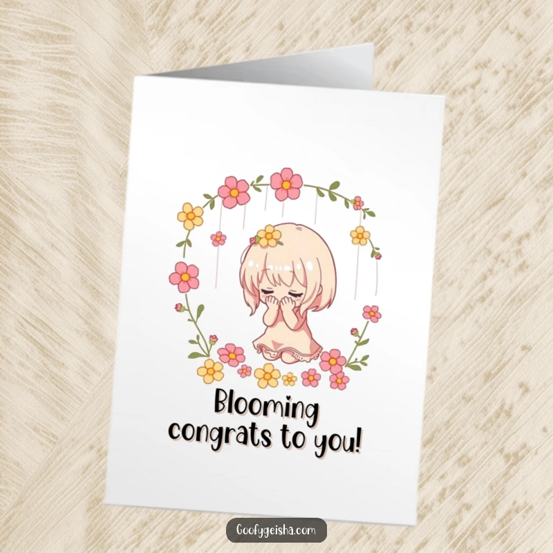 Funny Free Printable Congratulations Card: Small character bows deeply as a cascade of flowers falls, signifying honor. Great downloadable art.