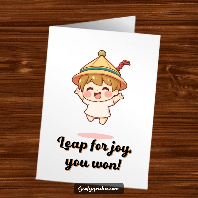 Funny Free Printable Congratulations Card: A character in a small hat performing a joyful jump to celebrate an achievement.