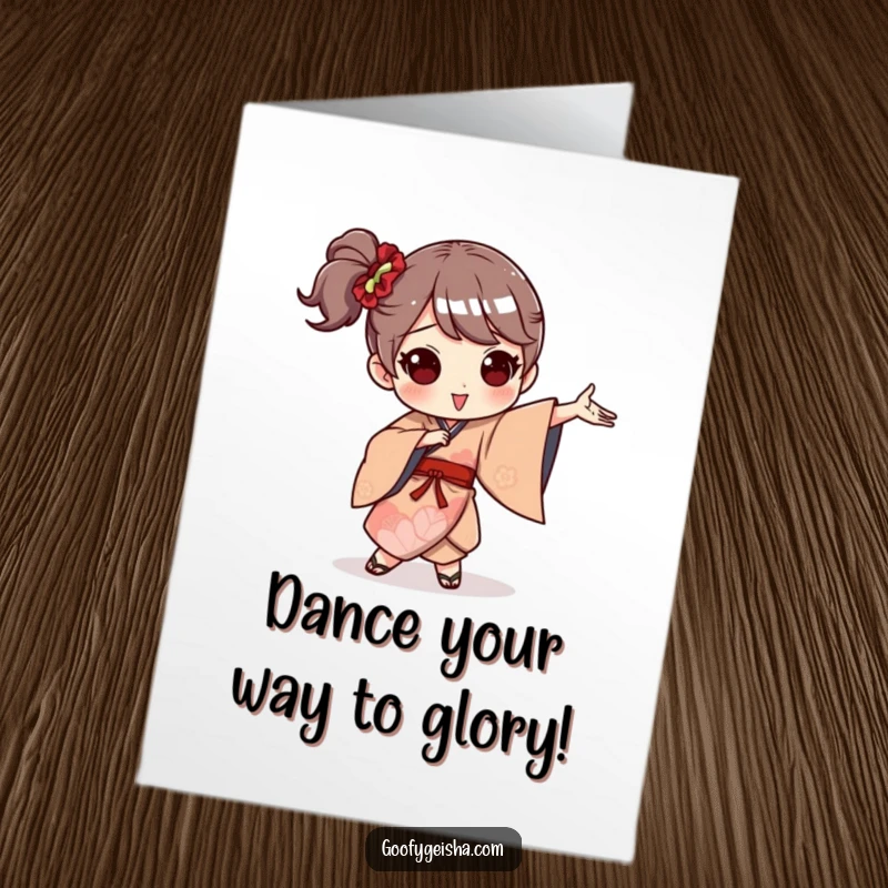 Funny Free Printable Congrats Card: A character in a vibrant kimono performing an outrageous dance move to celebrate.