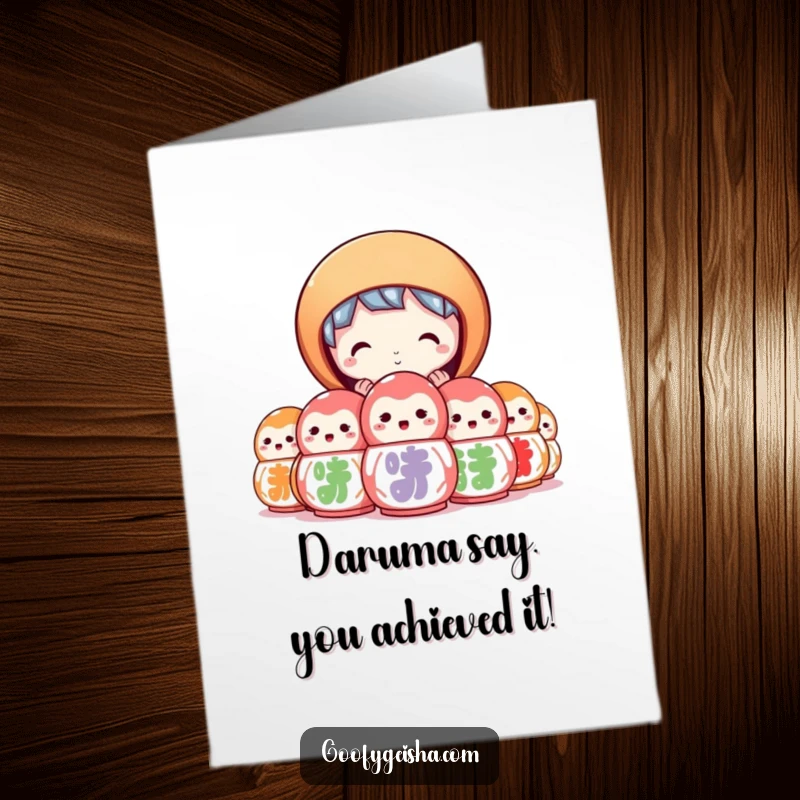 Funny Free Printable Congratulations Card: A character peeking from behind daruma dolls to congratulate someone on their success.