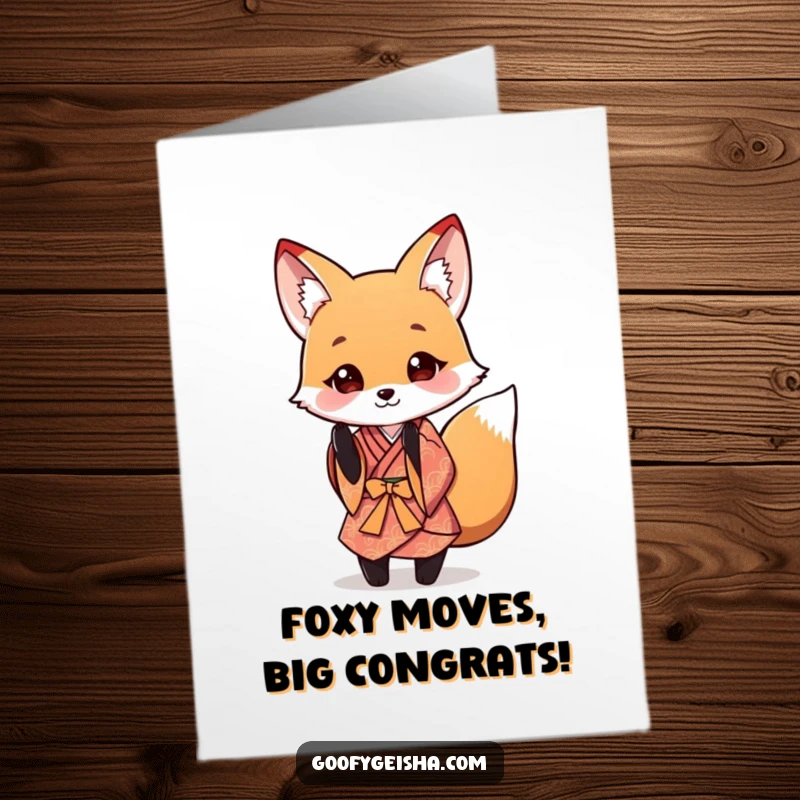 Funny Free Printable Congratulations Card: a cute fox character in a small kimono executing a charming, playful bow.