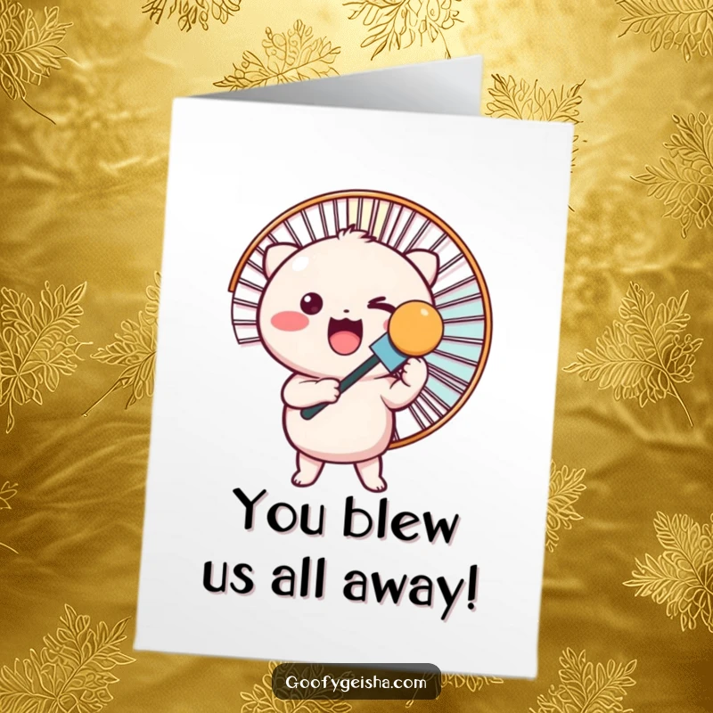 Funny Free Printable Congratulations Card: A round Kawaii character excitedly holding a massive fan, ready to celebrate.