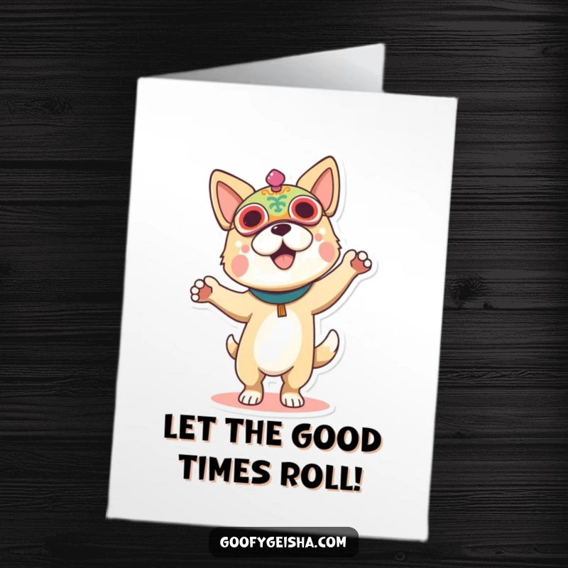 Funny Free Printable Congratulations Card: A dog adorned in a vibrant festival mask, dancing exuberantly to celebrate achievements.