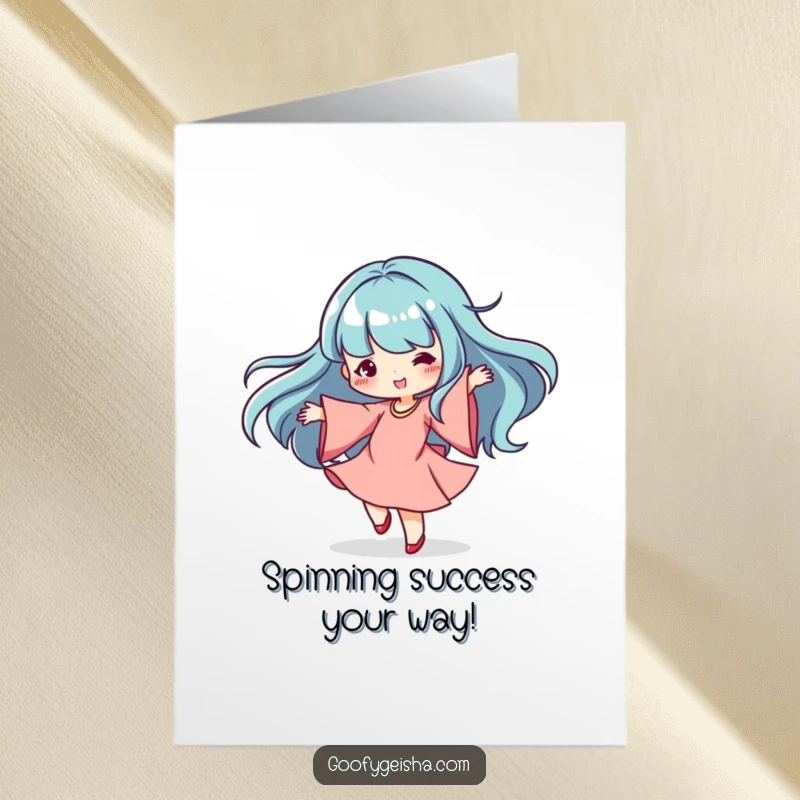 Funny Free Printable Congratulations Card: A dancing Kawaii character spins gracefully with flowing sleeves, celebrating success.