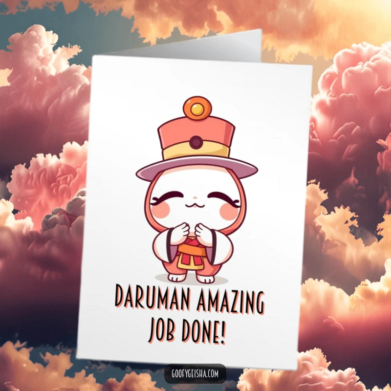 Funny Free Printable Congrats Card: A character wearing a daruma doll hat bows respectfully to offer congratulations.