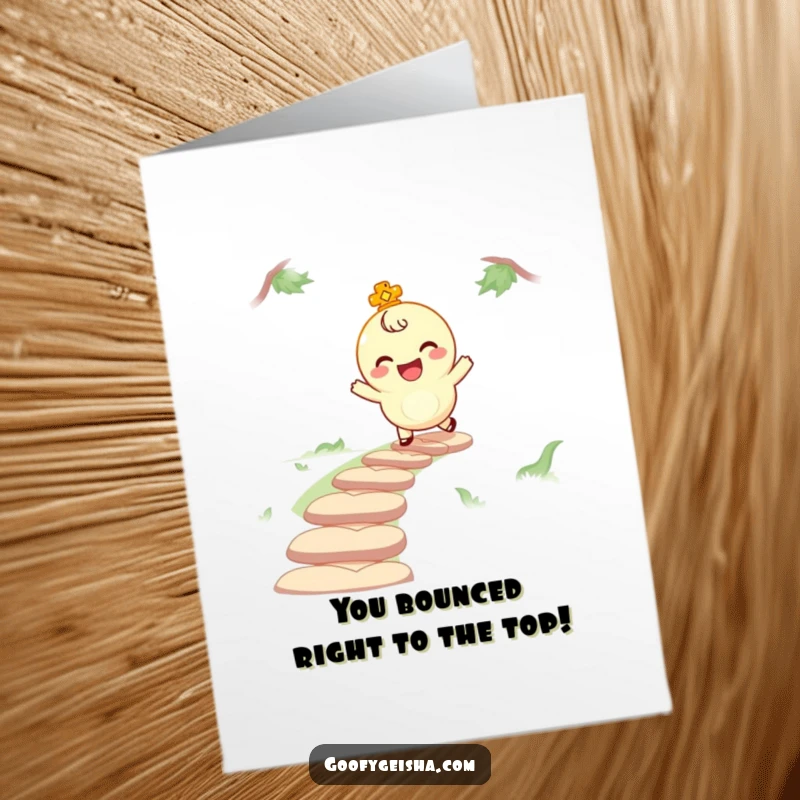 Funny Free Printable Congratulations Card featuring a giggling lucky charm character bouncing joyfully along a winding path, celebrating good luck.