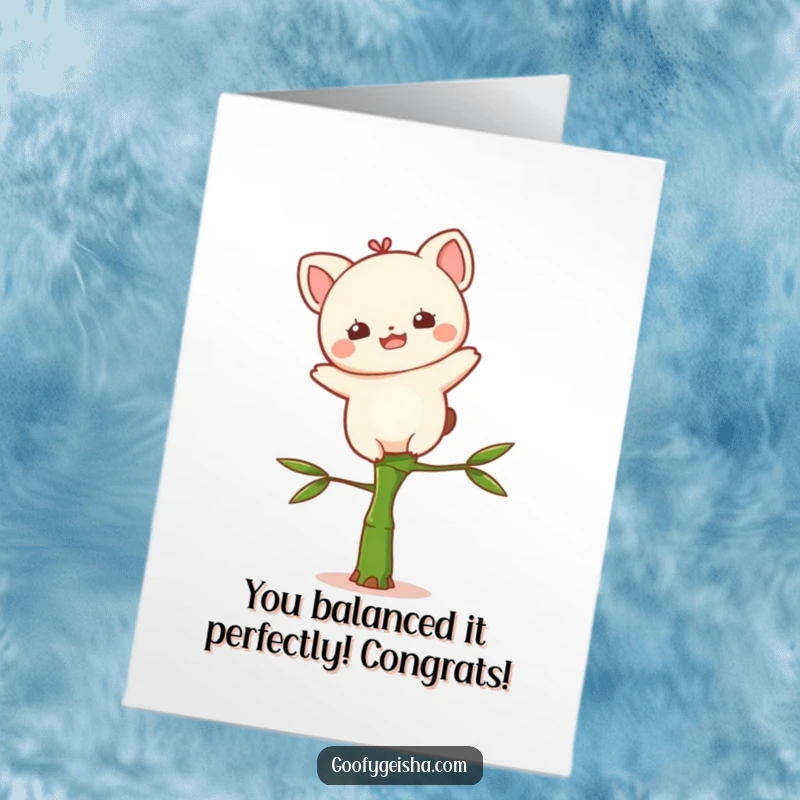 Funny Free Printable Congratulations Card: Delighted Kawaii character balances on bamboo, a celebratory downloadable art.
