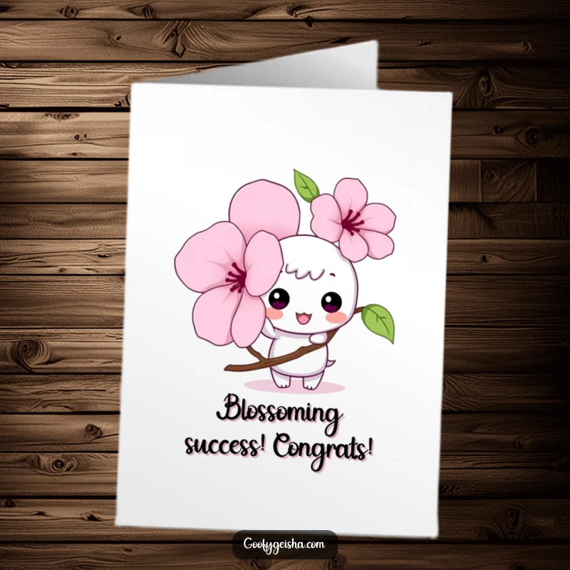 Funny Free Printable Congratulations Card: Kawaii character taps a cherry blossom petal, a playful and downloadable art.