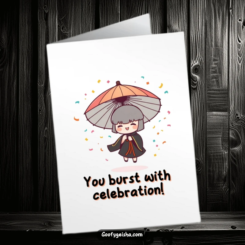Funny Free Printable Congratulations Card: A Japanese umbrella character twirls, releasing a cascade of confetti. Downloadable celebration!