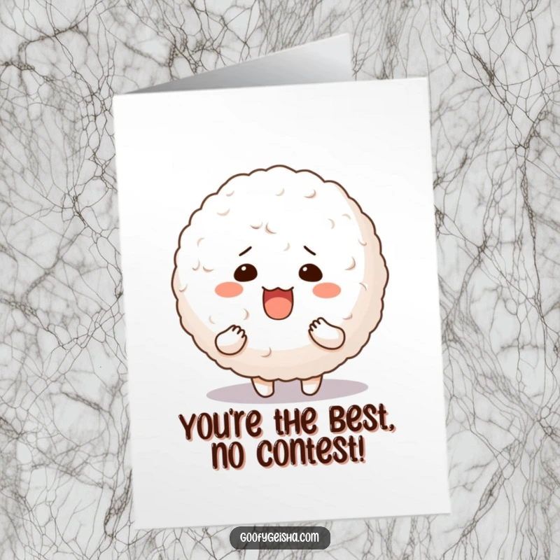 Funny Free Printable Congrats Card: A character beams with a silly expression, clutching an oversized, bouncy rice ball.