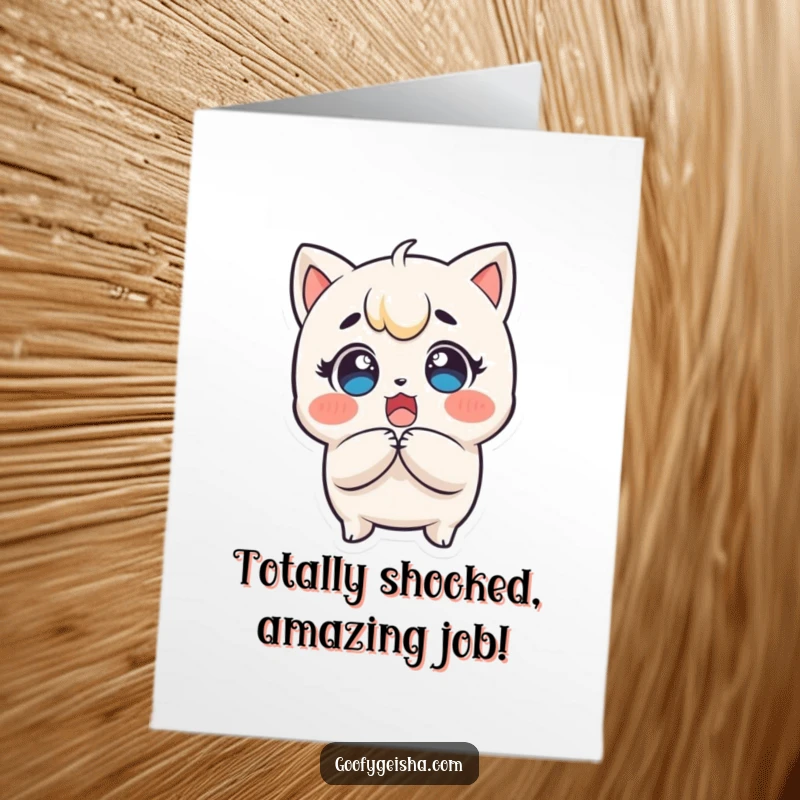 Funny Free Printable Congratulations Card: A surprised Kawaii character clutches its head, eyes wide with delight at the news.