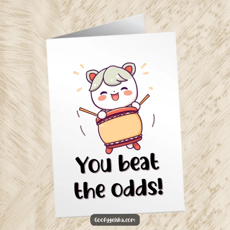 Funny Free Printable Congratulations Card: A Kawaii character joyfully pounds a Taiko drum with exciting moves. A downloadable card to print at home.
