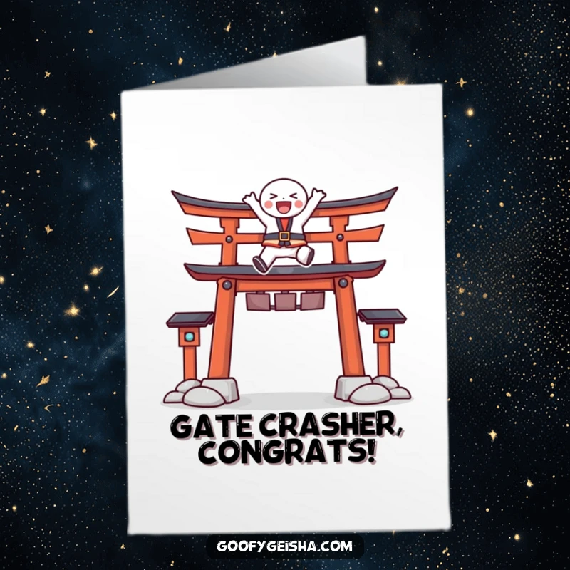 Funny Free Printable Congratulations Card: Character exuberantly leaps over a Torii gate, symbolizing triumph. Perfect downloadable art.