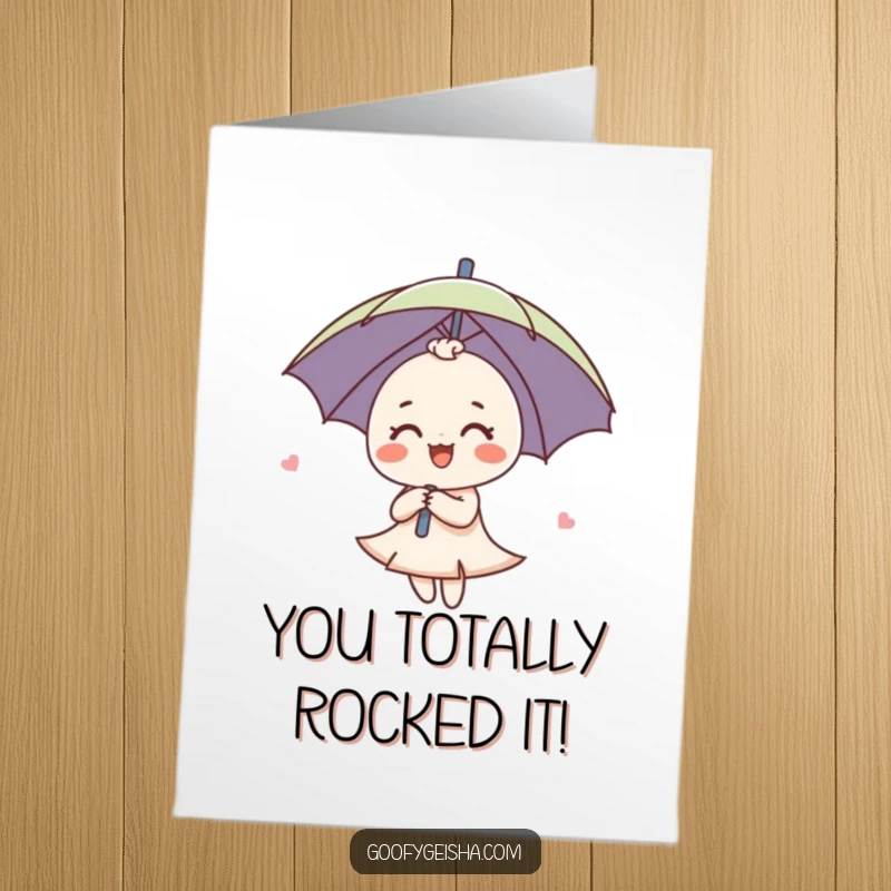 Funny Free Printable Congratulations Card: a cute umbrella character joyfully spinning around, celebrating a big win.