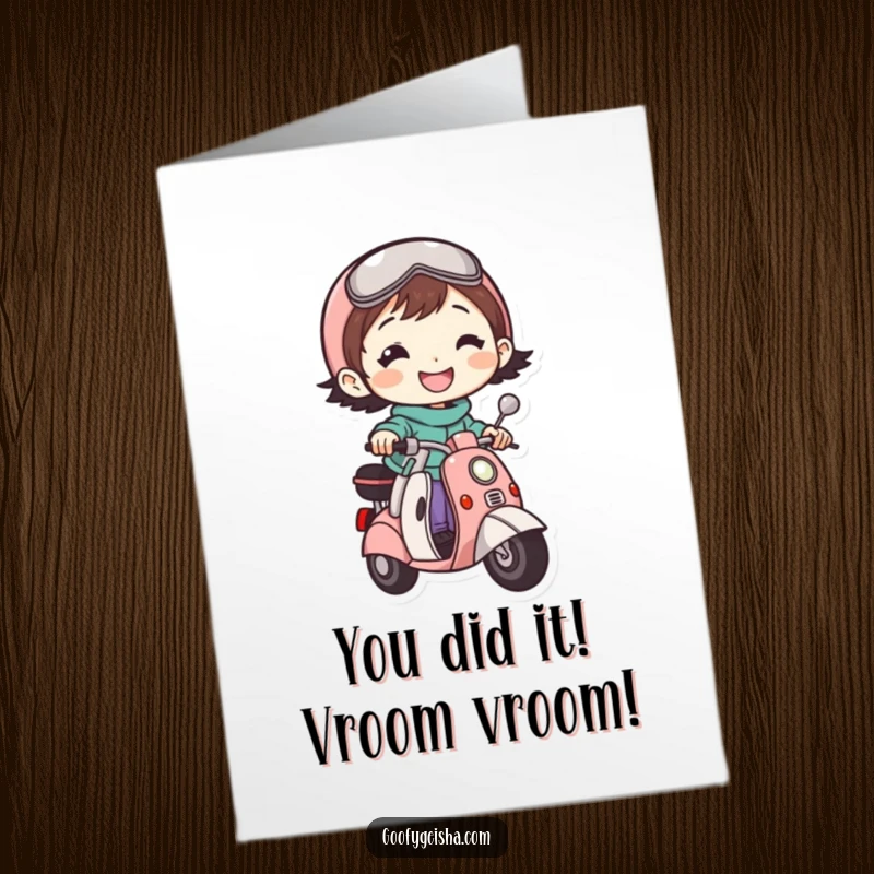 Funny Free Printable Congratulations Card: Cheerful scooter rider doing a victory lap, celebrating an amazing accomplishment.