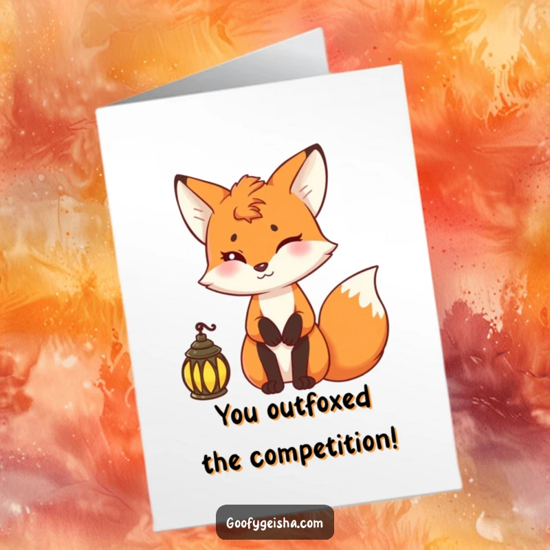 Funny Free Printable Congratulations Card: A fox character giving a knowing, mischievous wink while holding a lantern.