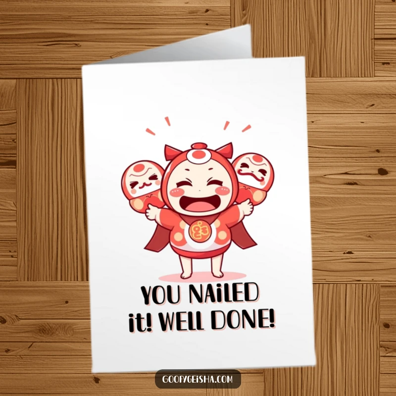Funny Free Printable Congrats Card: Cheerful Kawaii character impressively juggles three colorful daruma dolls, celebrating a big win.