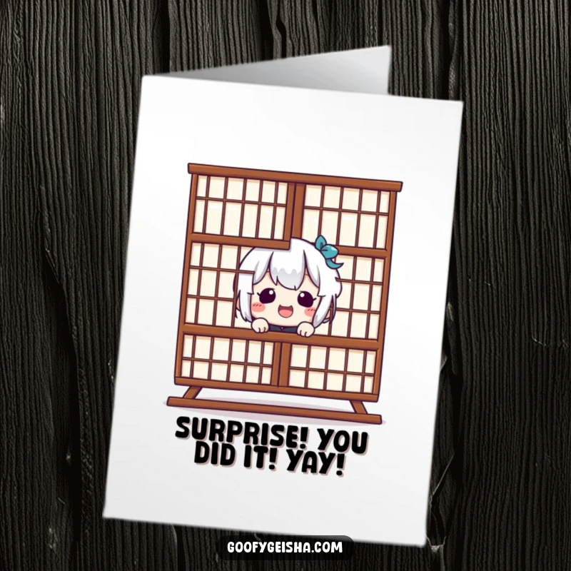 Funny Free Printable Congrats Card: Giggling Kawaii character playfully peeks from behind a Shoji screen, sharing joyful news.