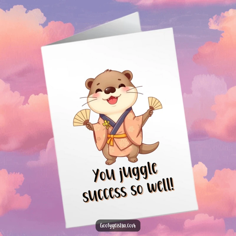 Funny Free Printable Congrats Card: A cheerful otter in a kimono, expertly juggling fans mid-celebration.