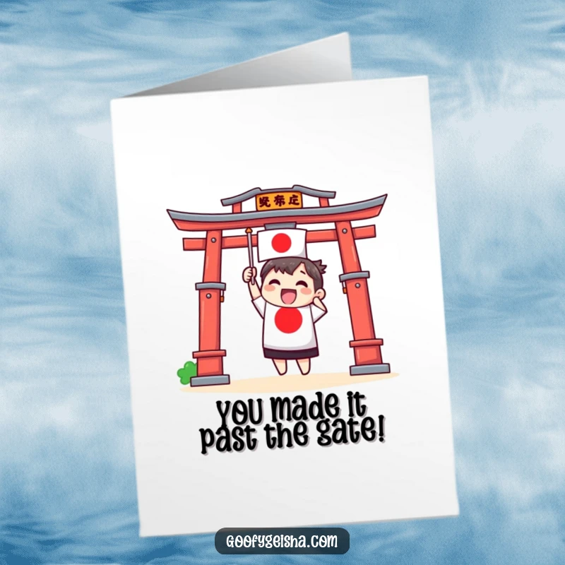Funny Free Printable Congratulations Card: Torii gate character enthusiastically waving a tiny Japanese flag, celebrating a wonderful achievement.