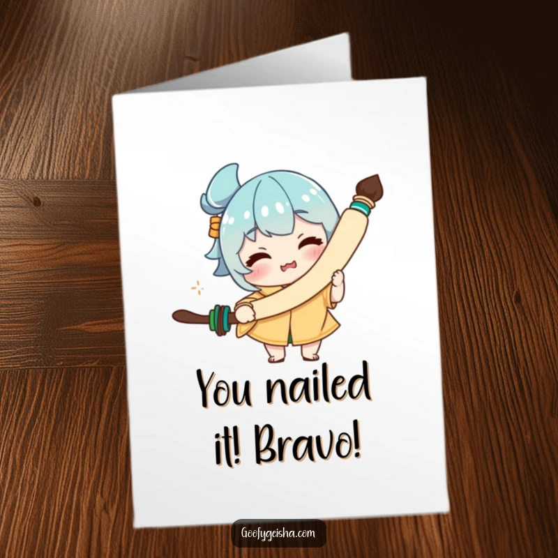 Funny free printable congratulations card depicting a character making a silly face while holding a large calligraphy brush. Perfect for any celebration.