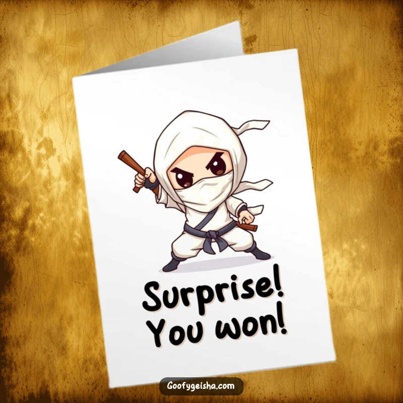 Funny free printable congratulations card with a chibified character in a ninja pose, celebrating success with humor and style.
