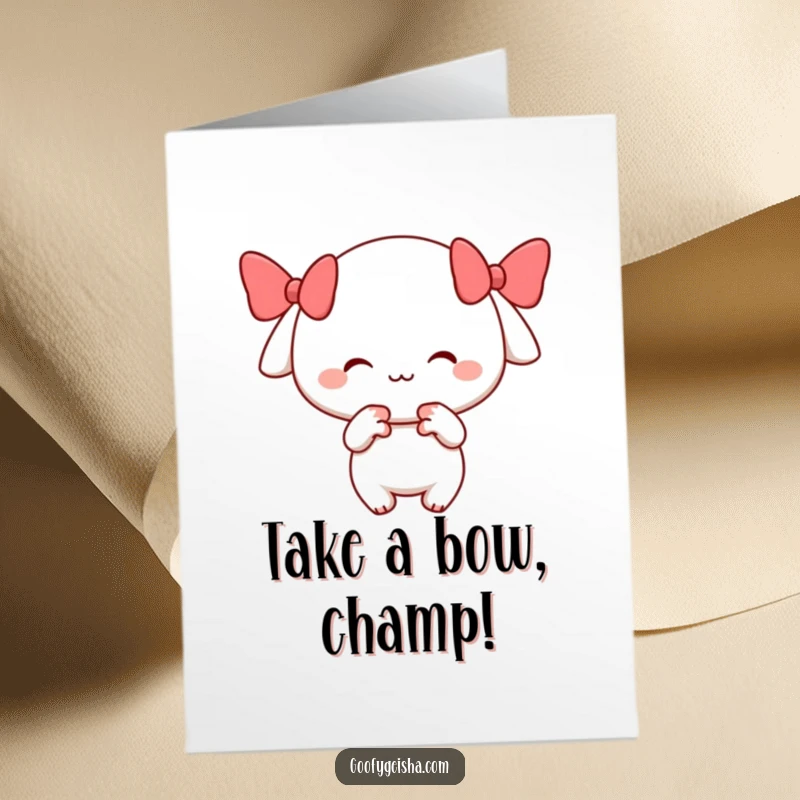 Funny Free Printable Congratulations Card: Little character with a cheerful smile performs a playful bow. A respectful downloadable greeting.