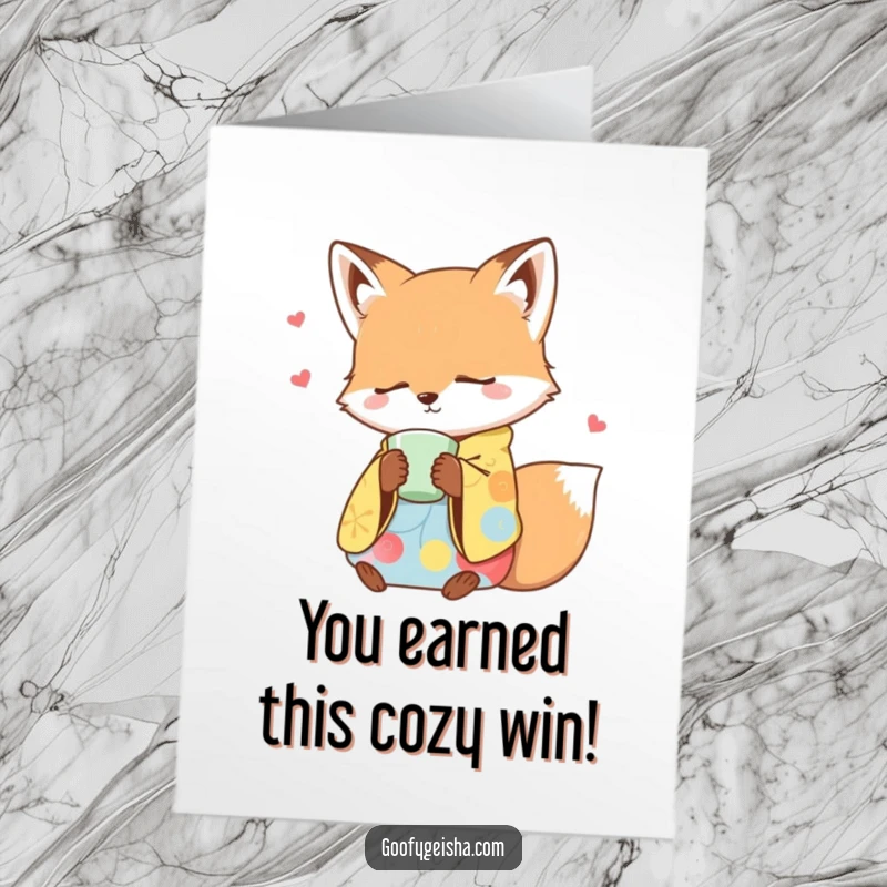 Funny free printable congratulations card showing a sleepy fox in a kimono holding a teacup, celebrating a peaceful success.
