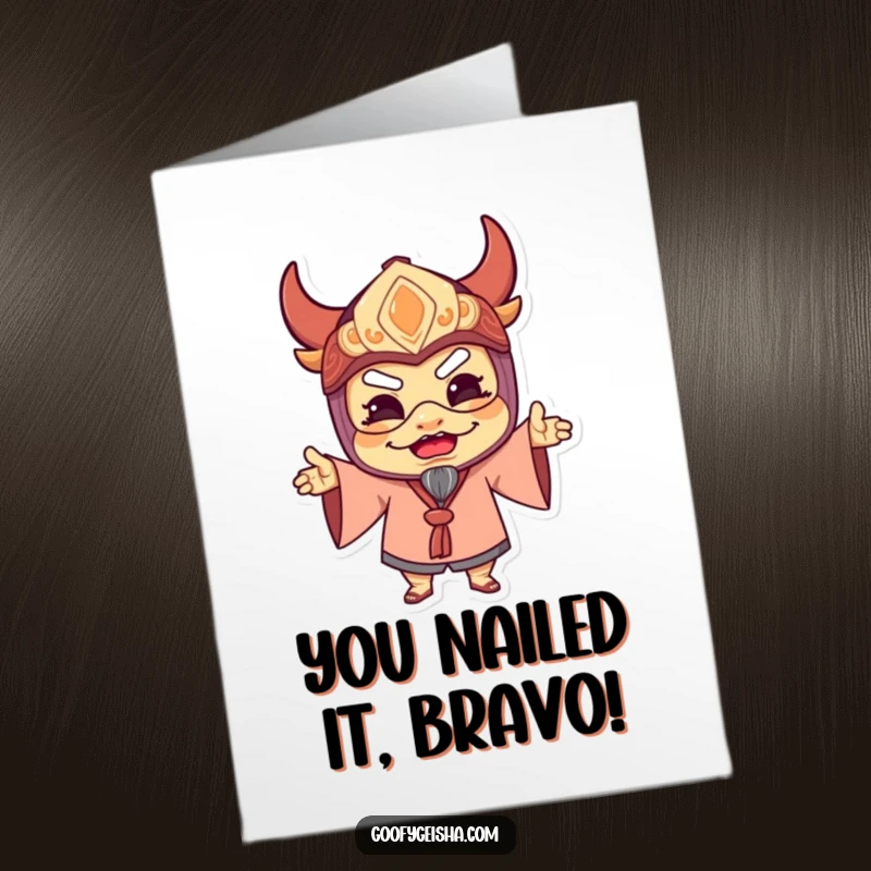 Funny Free Printable Congratulations Card: Delighted character wearing a traditional mask and striking a goofy, celebratory pose.