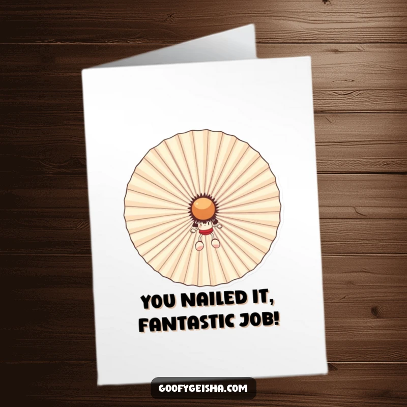 Funny Free Printable Congratulations Card: Adorable character attempts to hide behind an enormous, cheerful fan. A quirky way to say congrats.