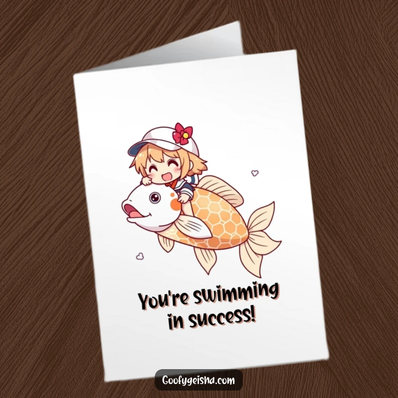 Funny Free Printable Congratulations Card: A character joyfully rides a grand koi fish, symbolizing a smooth journey to success. Unique congrats.
