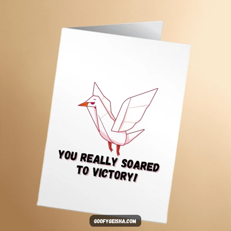 Funny Free Printable Congratulations Card showing a cute origami crane character joyfully flapping its wings, celebrating success in the air.