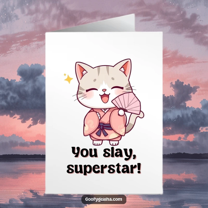 Free Printable Congratulations Card: A Kawaii cat in a kimono, fanning enthusiastically, radiating cute and stylish joy.