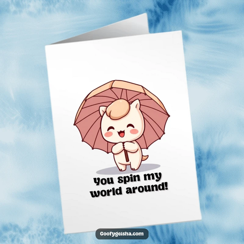 Funny Free Printable Congratulations Card: Adorable Kawaii character happily spins with a sideways, comical umbrella. A celebratory gift.