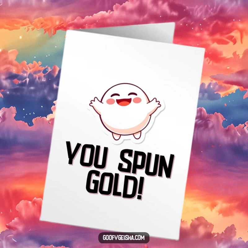 Funny Free Printable Congratulations Card: A happy Daruma doll in a dizzying spin, celebrating success. A humorous downloadable card for print-at-home congratulations.