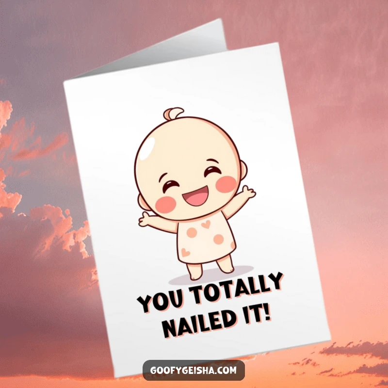 Funny Free Printable Congratulations Card with a grinning Kokeshi doll character doing a wild, ecstatic dance move.